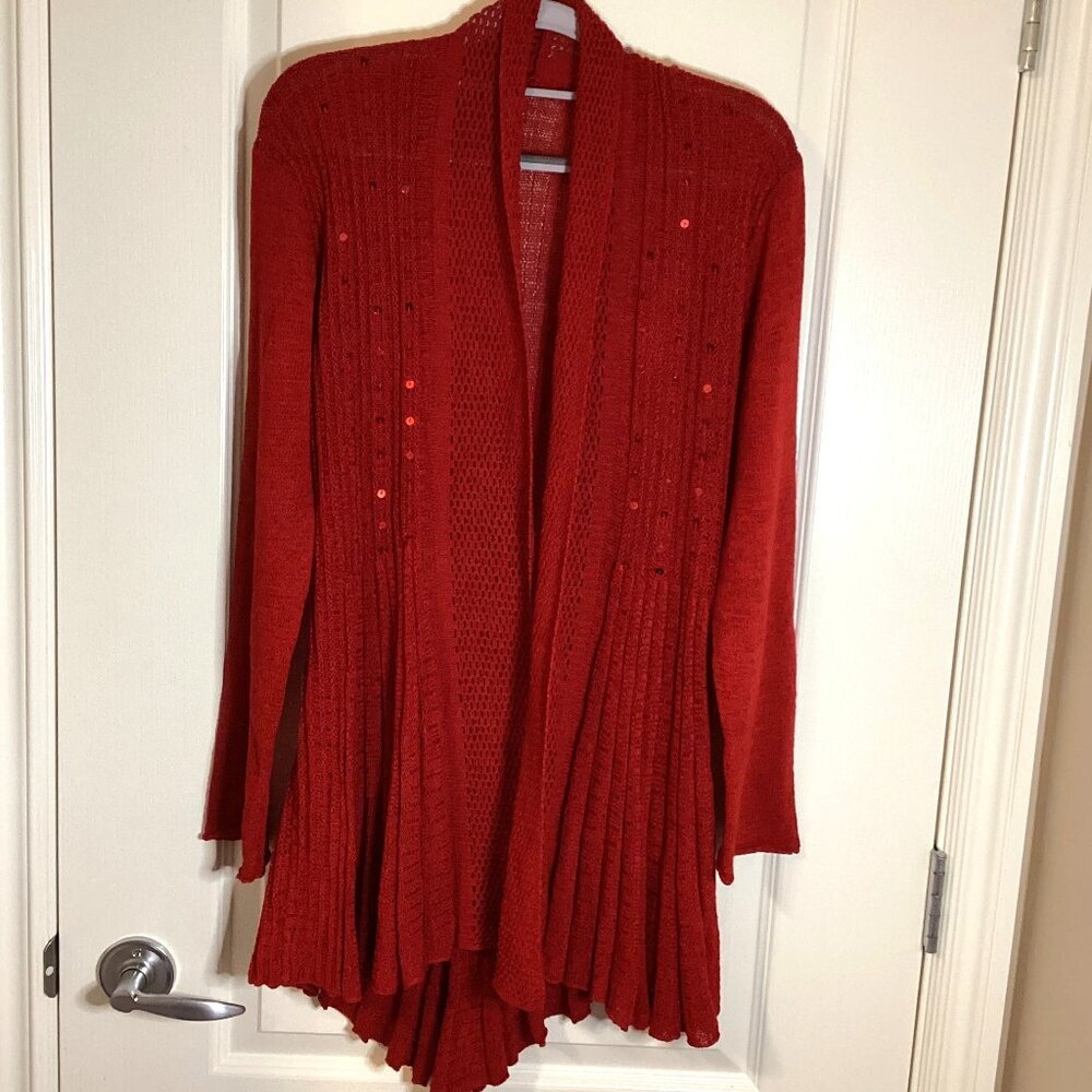 Women Long Sleeve Swingy Open Knit Cardigan Semi Sheer Red Sequins Festive